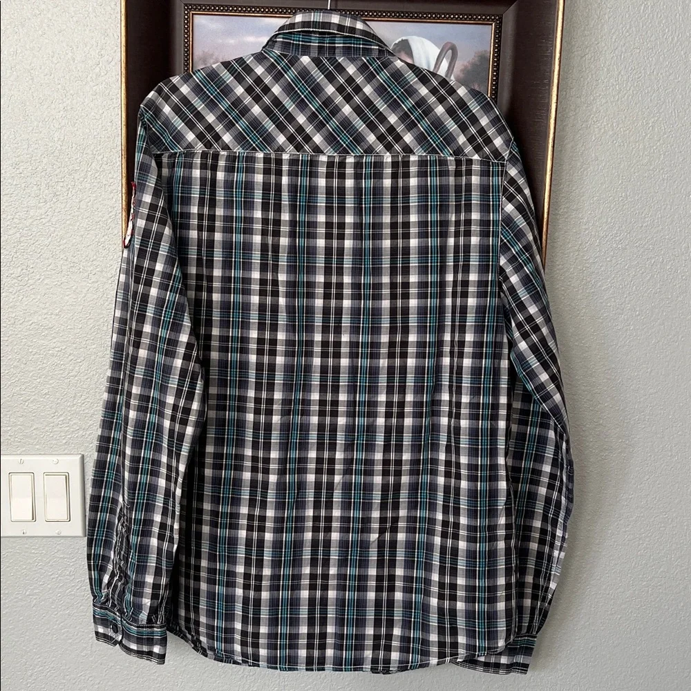 MARC ECKO Vintage 90s Streetwear L/S Button Down Shirt Blue/White Plaid Men's L